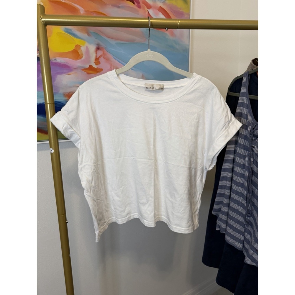 Zenana White Cropped Short‎ Sleeve Shirt Large